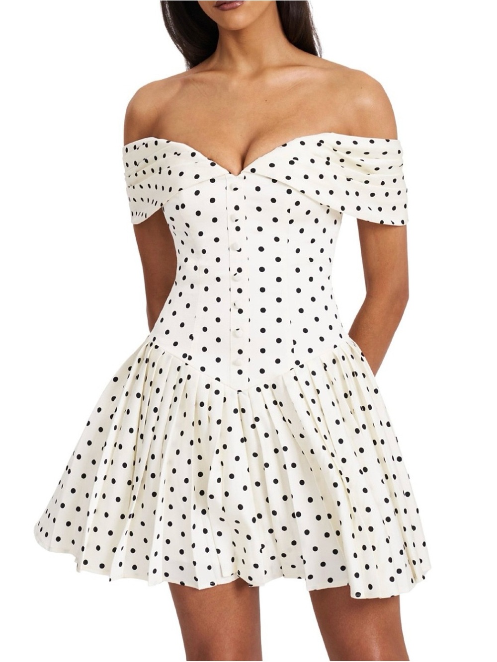 Edeline Polka Dot Off-shoulder Pleated Mini Dress
